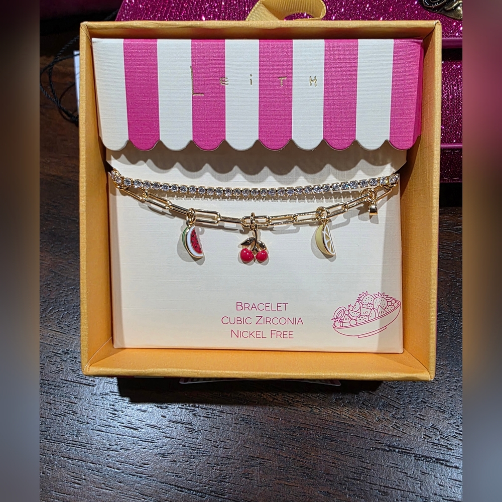 Leith Gold-Tone Fruit Charm Bracelet Set with Enamel Red, Green, Yellow
